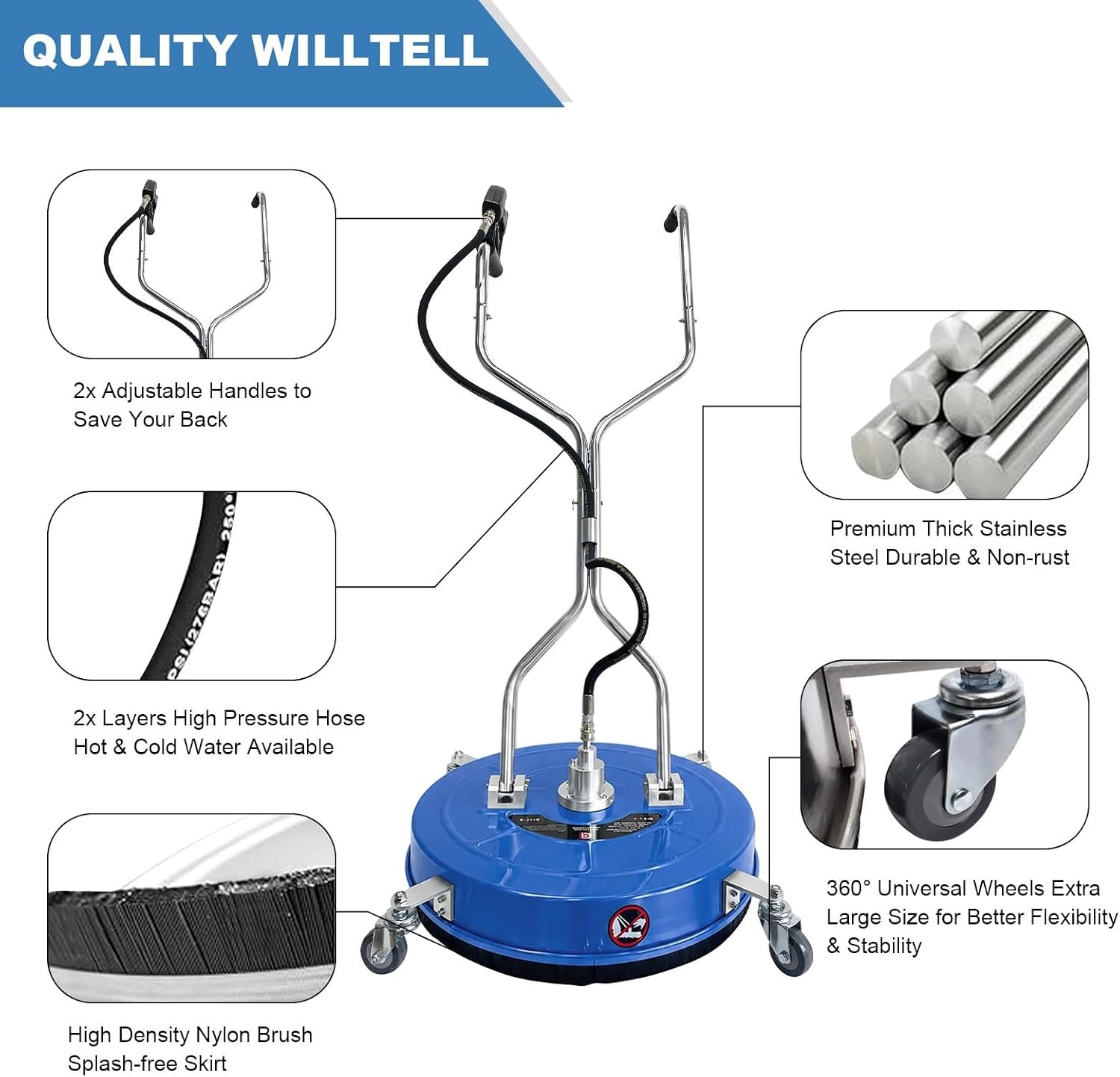 Stainless Steel Surface Cleaner 30in Dual Handle 5200 PSI Washer Attachment