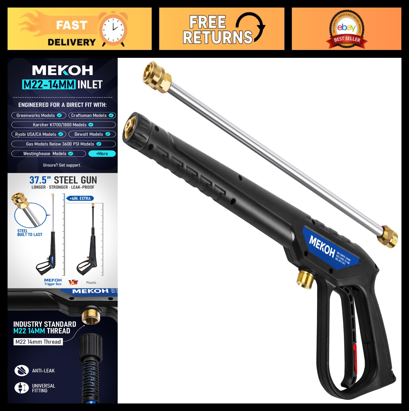 Universal Pressure Washer Gun with Stainless Extension, M22-14 Fitting, 3600 PSI