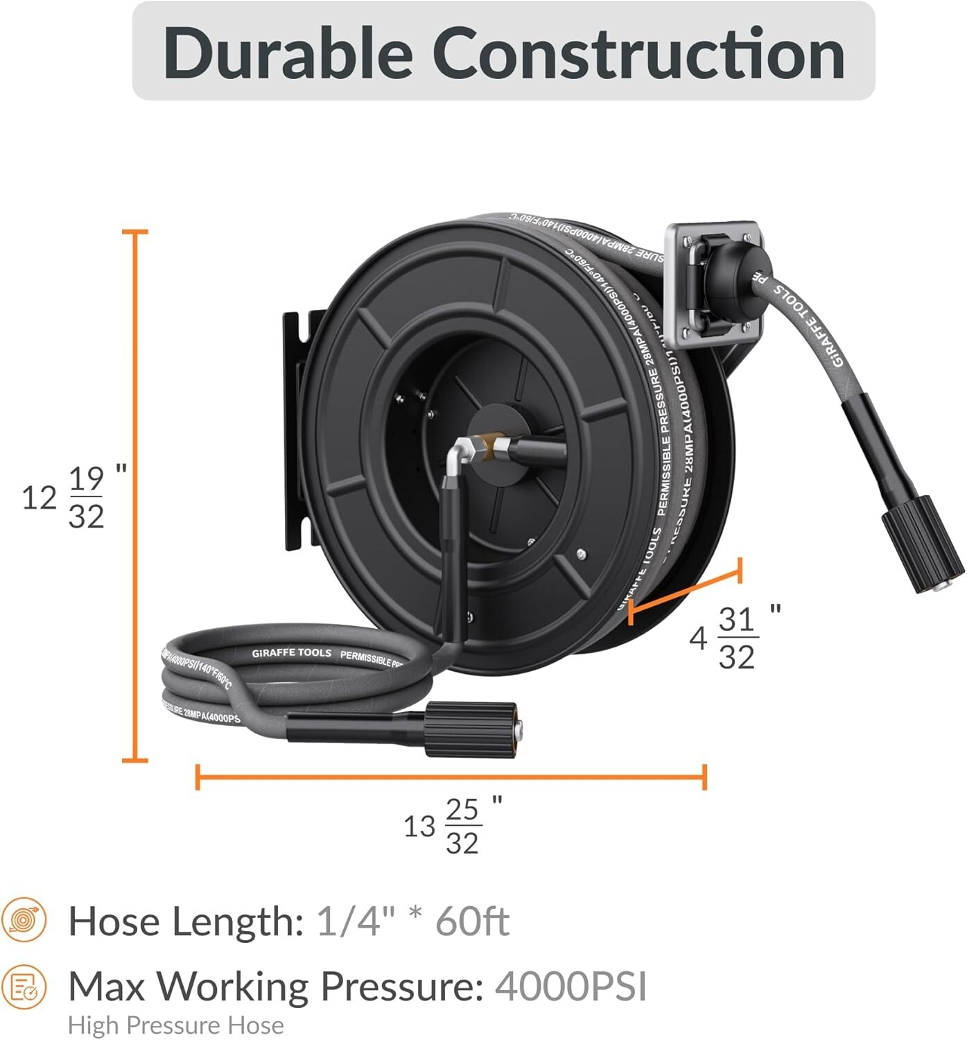 Giraffe Tools Retractable Power Pressure Washer Hose Reel 1/4″ x 60 ft, 4000PSI