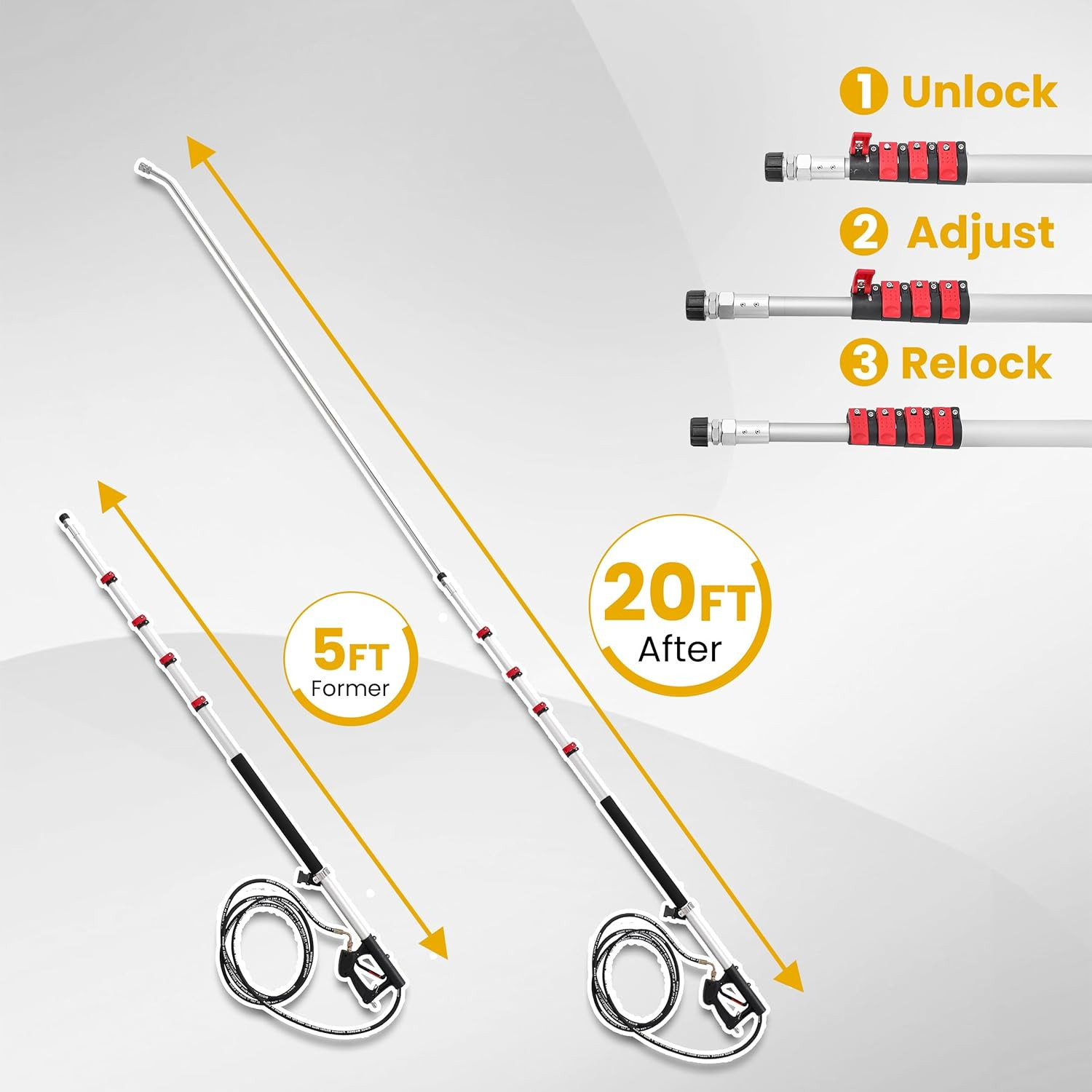 20 FT Telescoping Pressure Washer Wand with Gutter Cleaner, Brush Head, 5 Nozzle