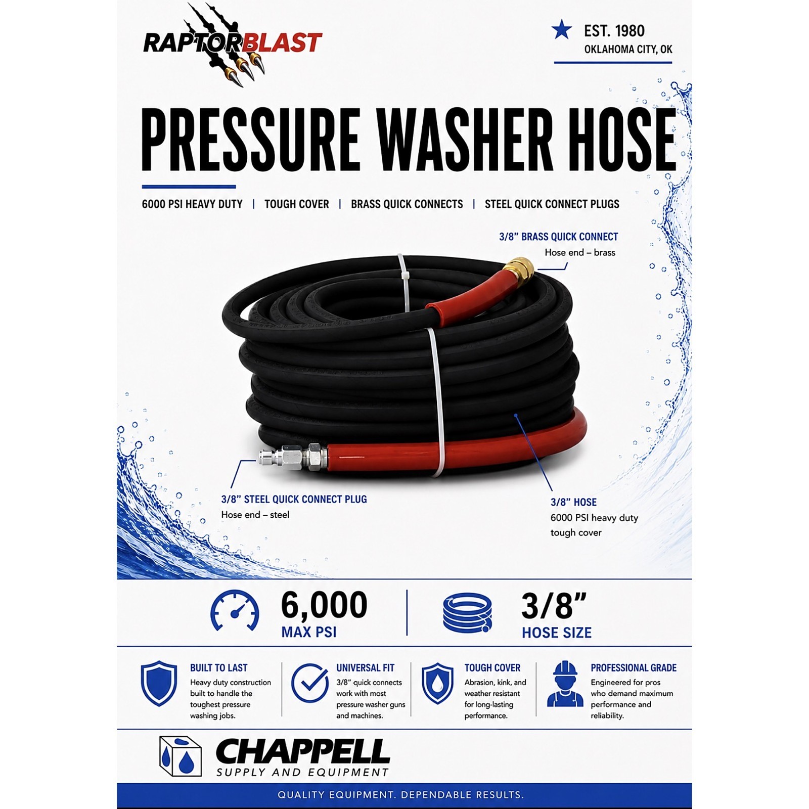 Raptor Blast 6000 PSI Pressure Washer Hose 3/8″ x 100ft Black 2-Wire Braid QC