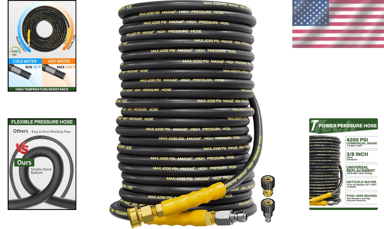 150FT 4200 PSI Commercial Grade Pressure Washer Hose with Quick Connect Fittings