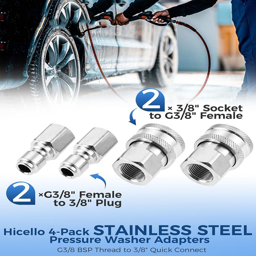 4Pack Stainless Steel G3/8″ BSP Female to Quick Connector For Washing Cars Decks