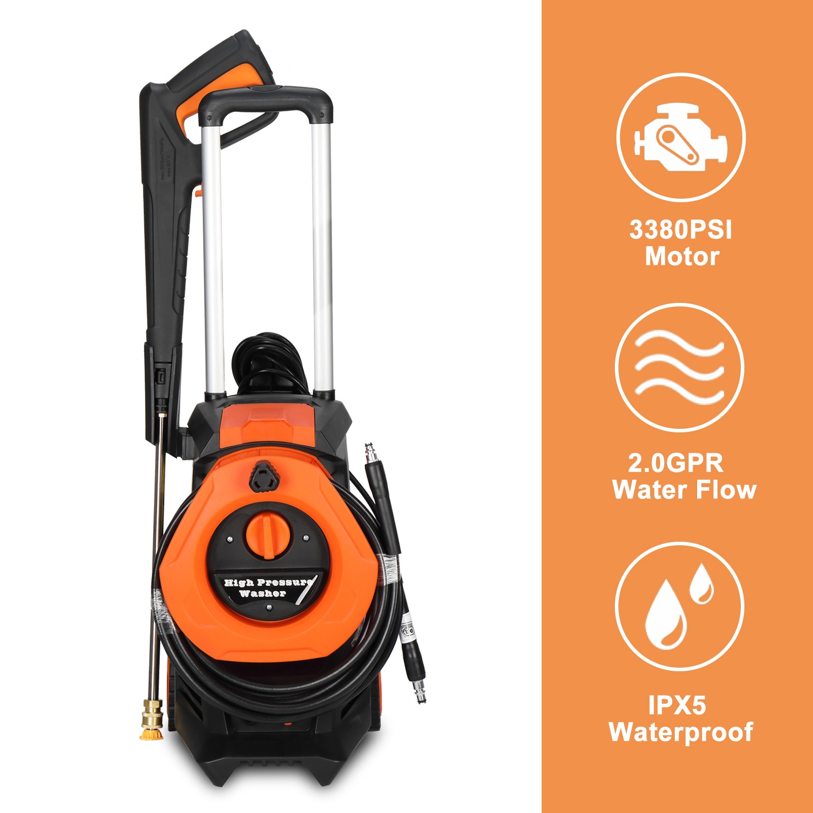 3380PSI 2 GPM High-Pressure Washer Power Cleaner Car Washing Machine with wheels
