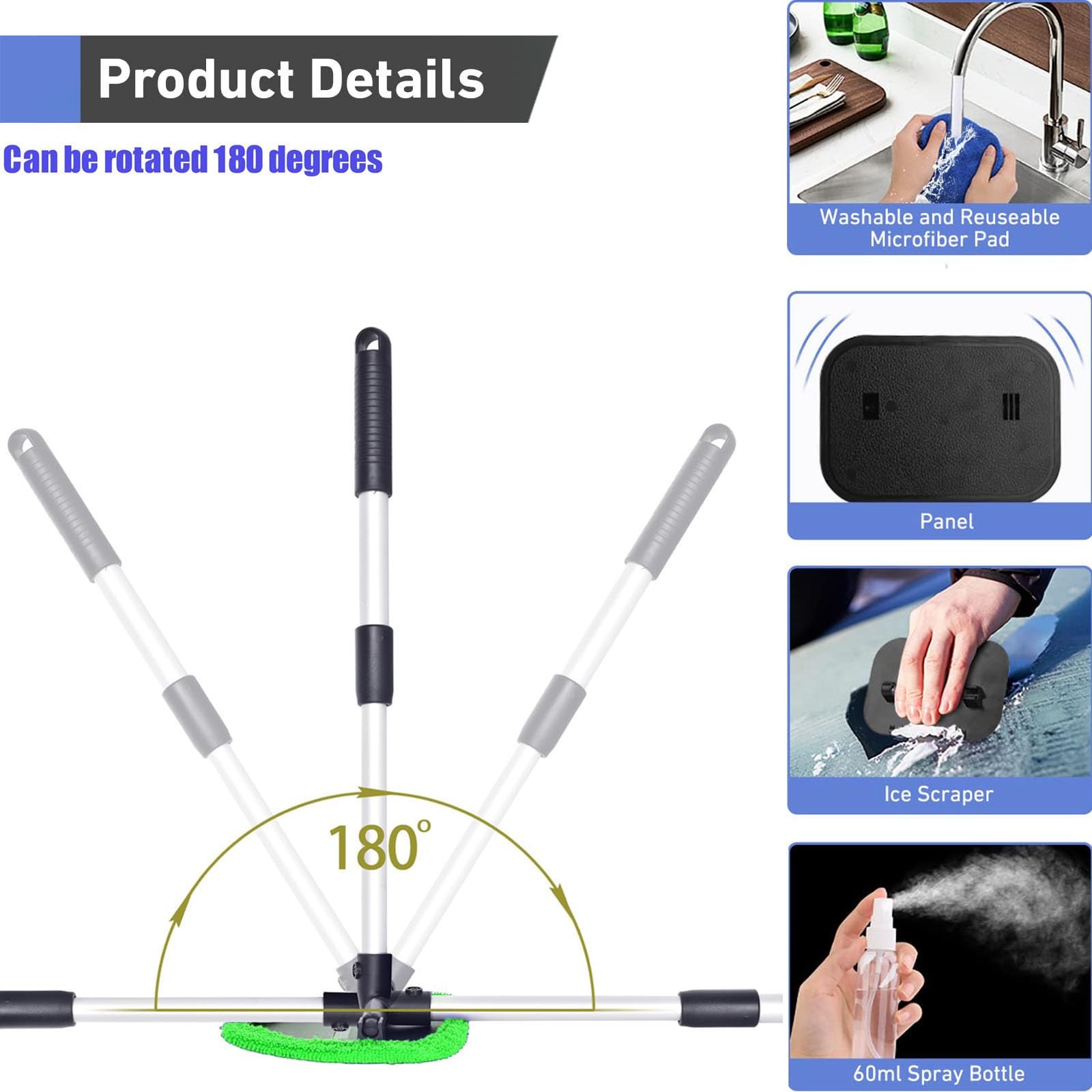 Windshield Cleaning Tool with 4 Reusable Microfiber Pads & Extendable Handle