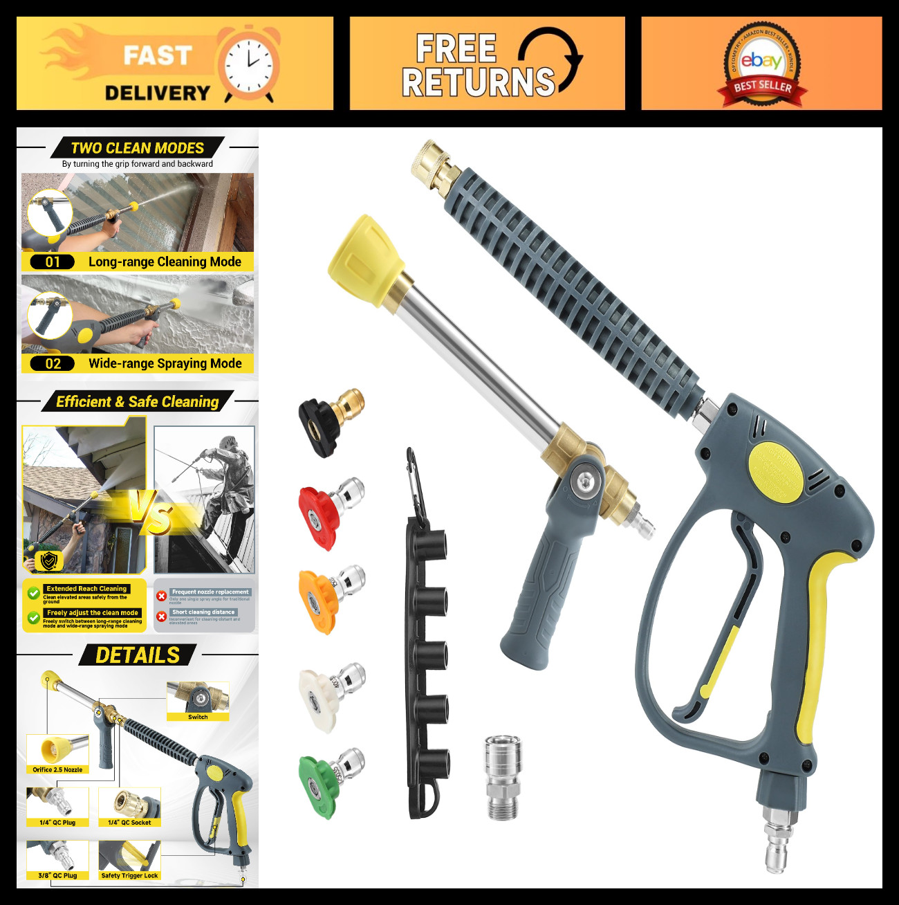 Pressure Washer Swivel Gun with Adjustable Long Range Tip & 3/8″ Quick Connector