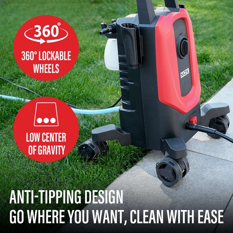 MZK Electric Pressure Washer – 3.0 GPM – 360° Wheels – 4 Nozzles + Foam Cannon