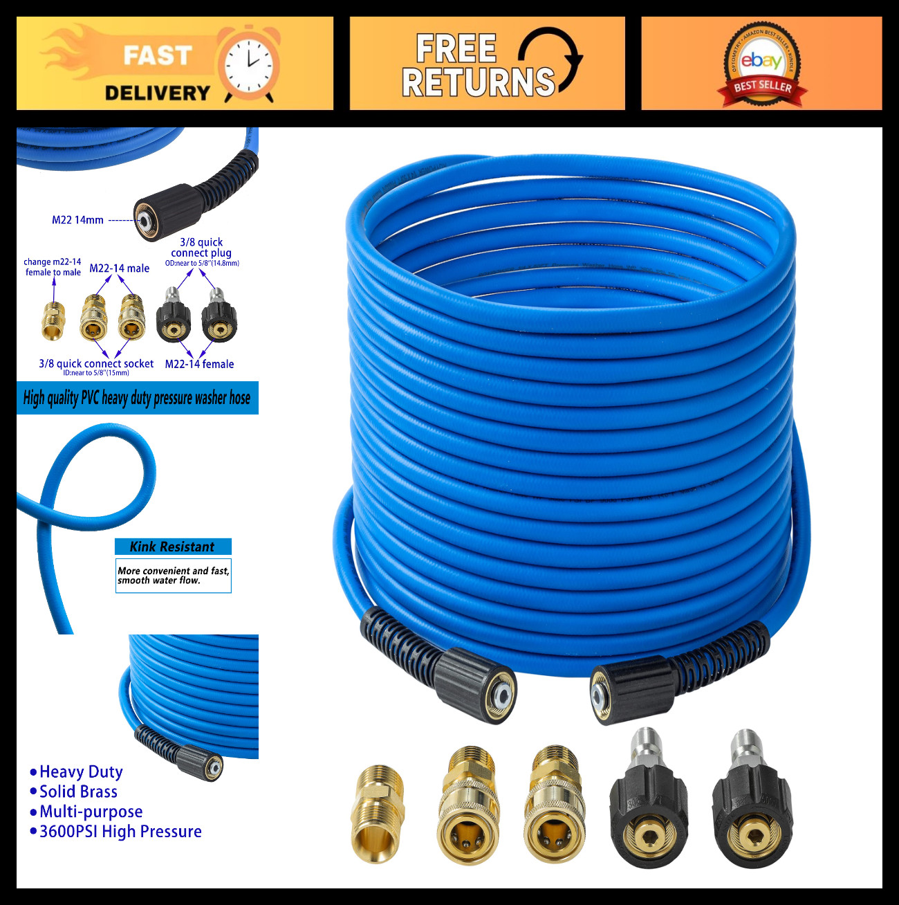 High-Pressure Washer Hose 1/4″ x 50FT – Kink Resistant, M22 Compatible, 3600PSI