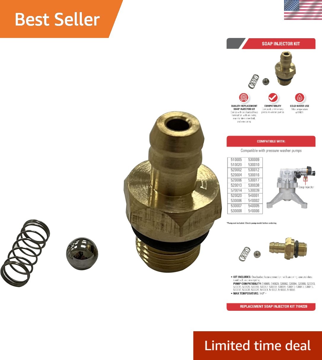 Cleaning 7104228 Replacement Soap Injector Kit for Pressure Washer Pumps, Gold