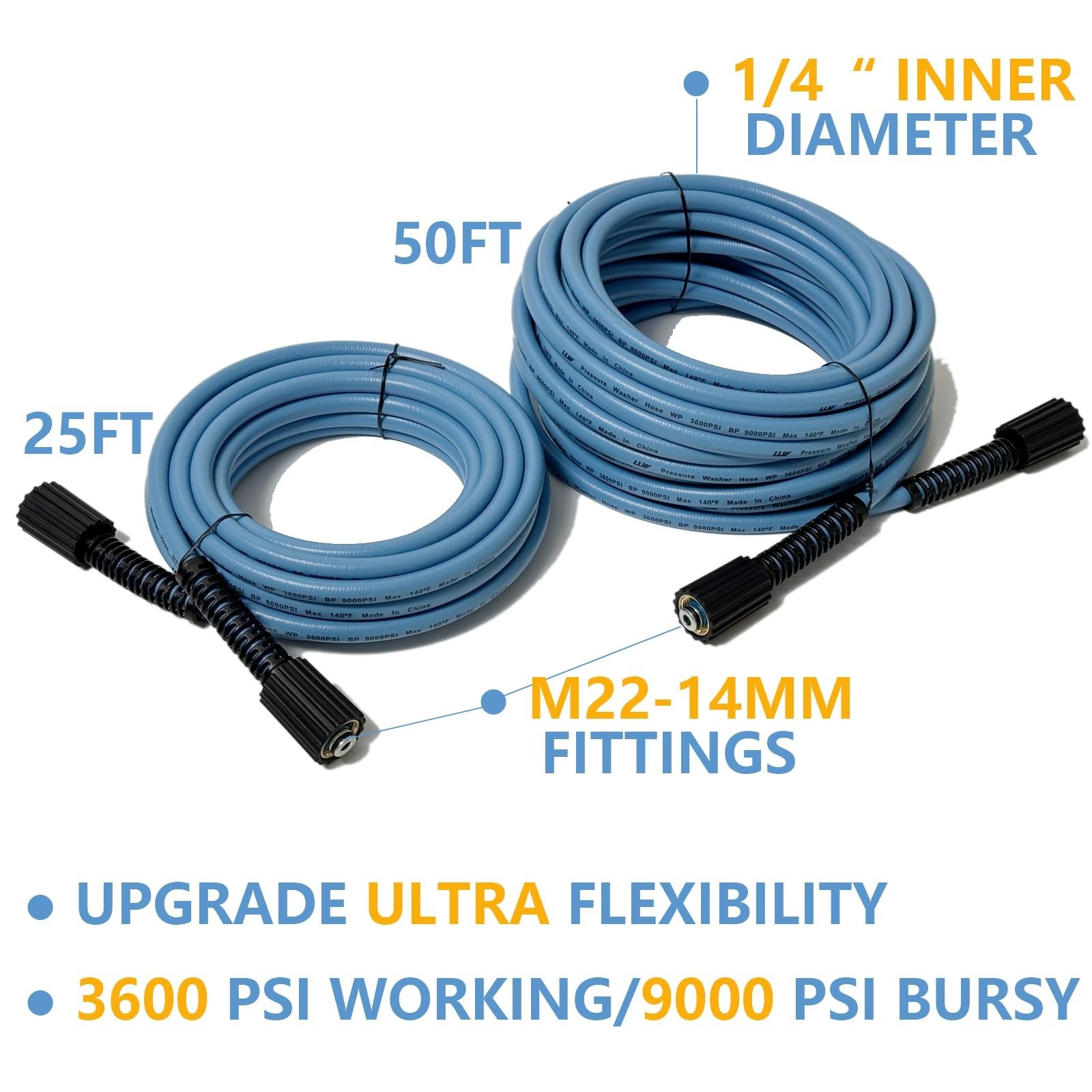 25FT 1/4″ High Pressure Washer Hose 3600PSI M22 14mm Replacement for Power Washe