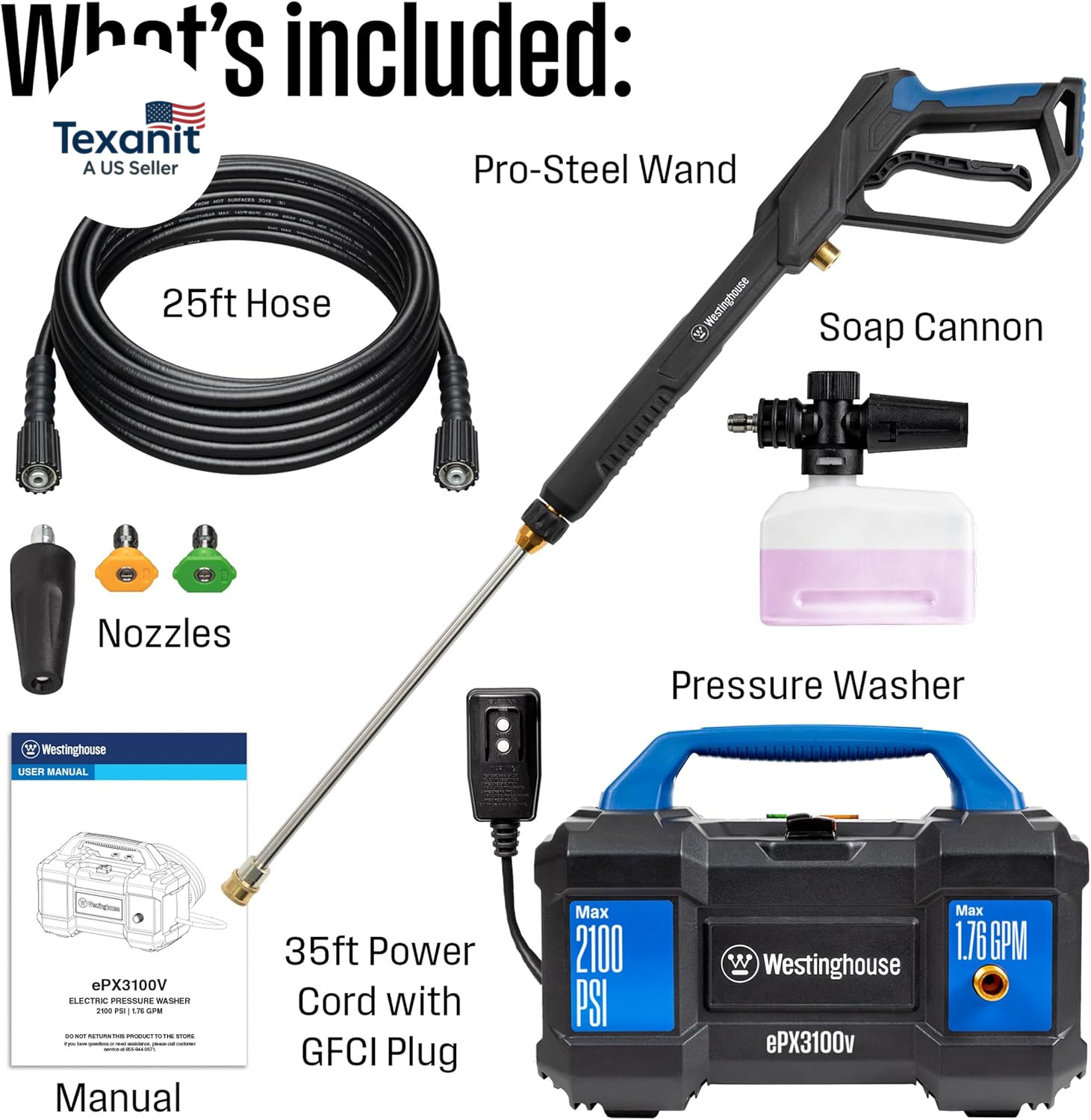 Epx3100V Electric Pressure Washer, 2100 Max PSI 1.76 Max GPM, Built-In Carry Han