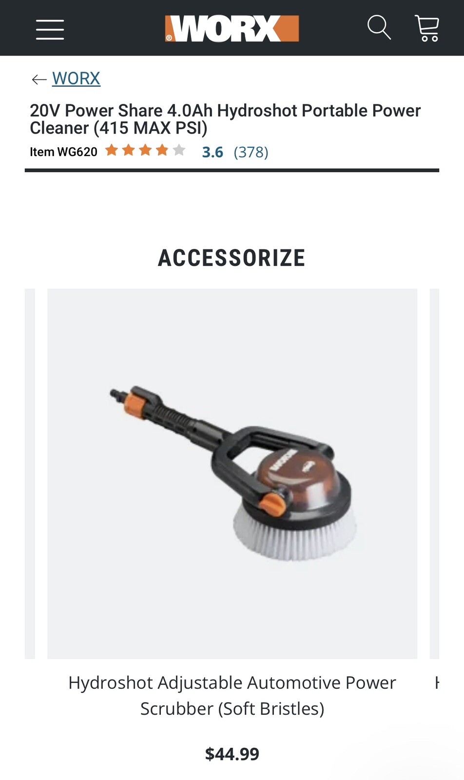 WORX Hydroshot 320psi 20V Cordless Portable Power Cleaner w/ Accessories For Car