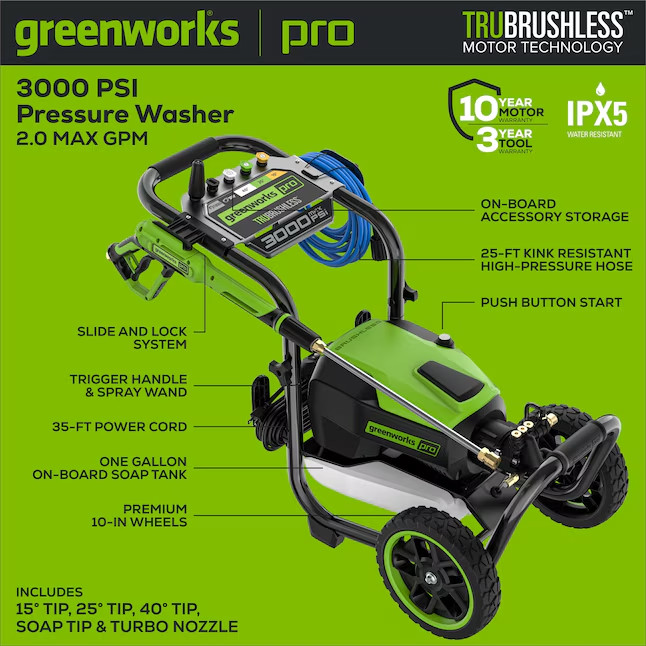 Greenworks Pro 3000-PSI 2.0-GPM Cold Water Electric Pressure washer with 5 Spray