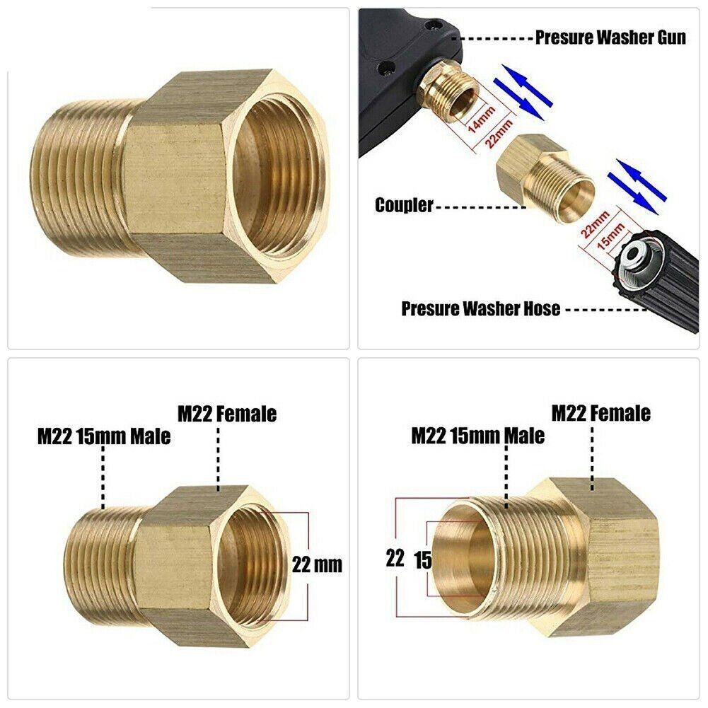 2*Coupler M22-15mm Male To M22 14mm Female Pressure Washer Hose Thread Connector