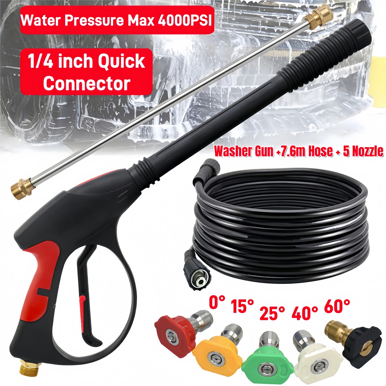 High Pressure 4000PSI Car Power Washer Gun Spray Wand Lance Nozzle and Hose Set