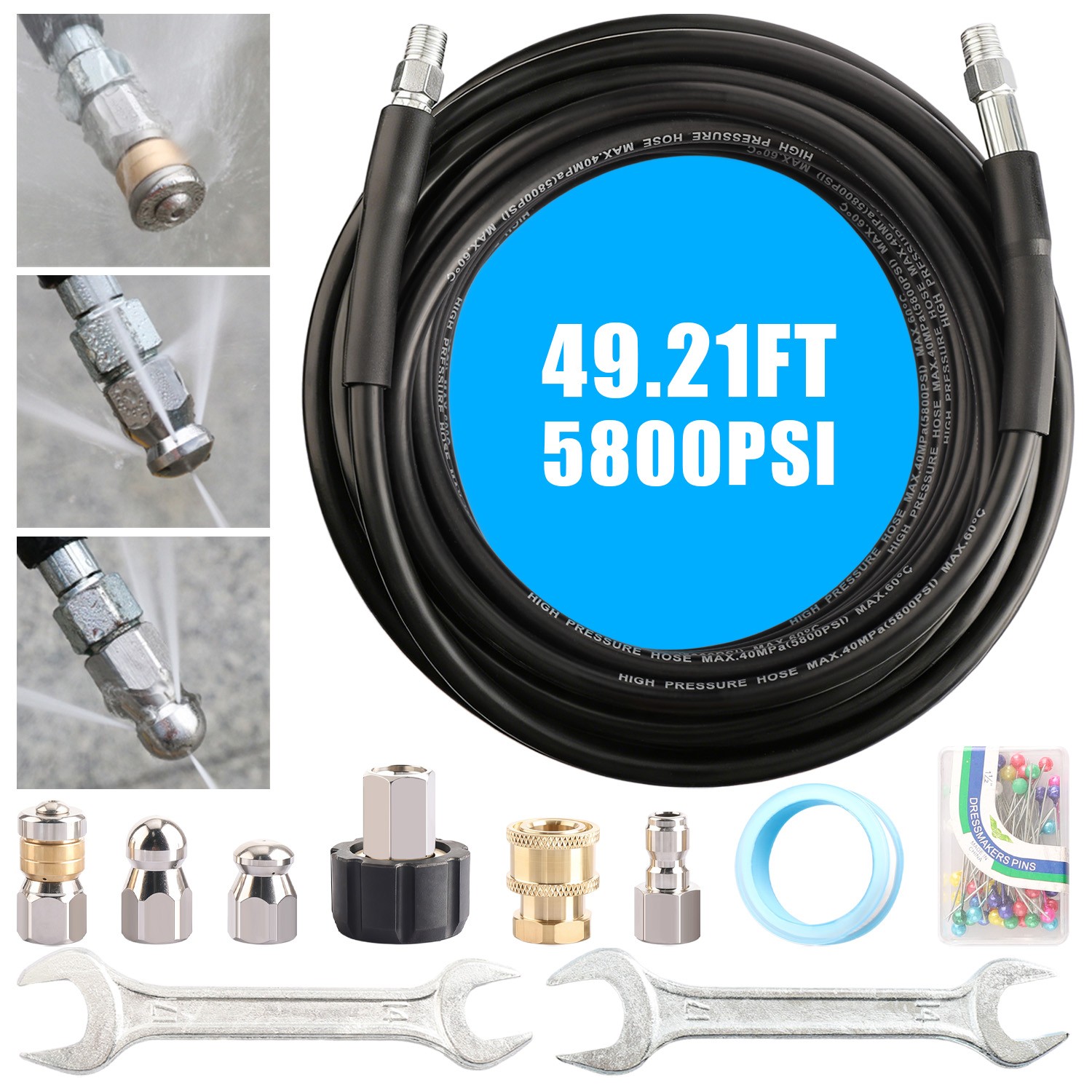 50FT 1/4″ M-NPT 5800PSI Drain Cleaner Hose Sewer Jetter Kit for Pressure Washer