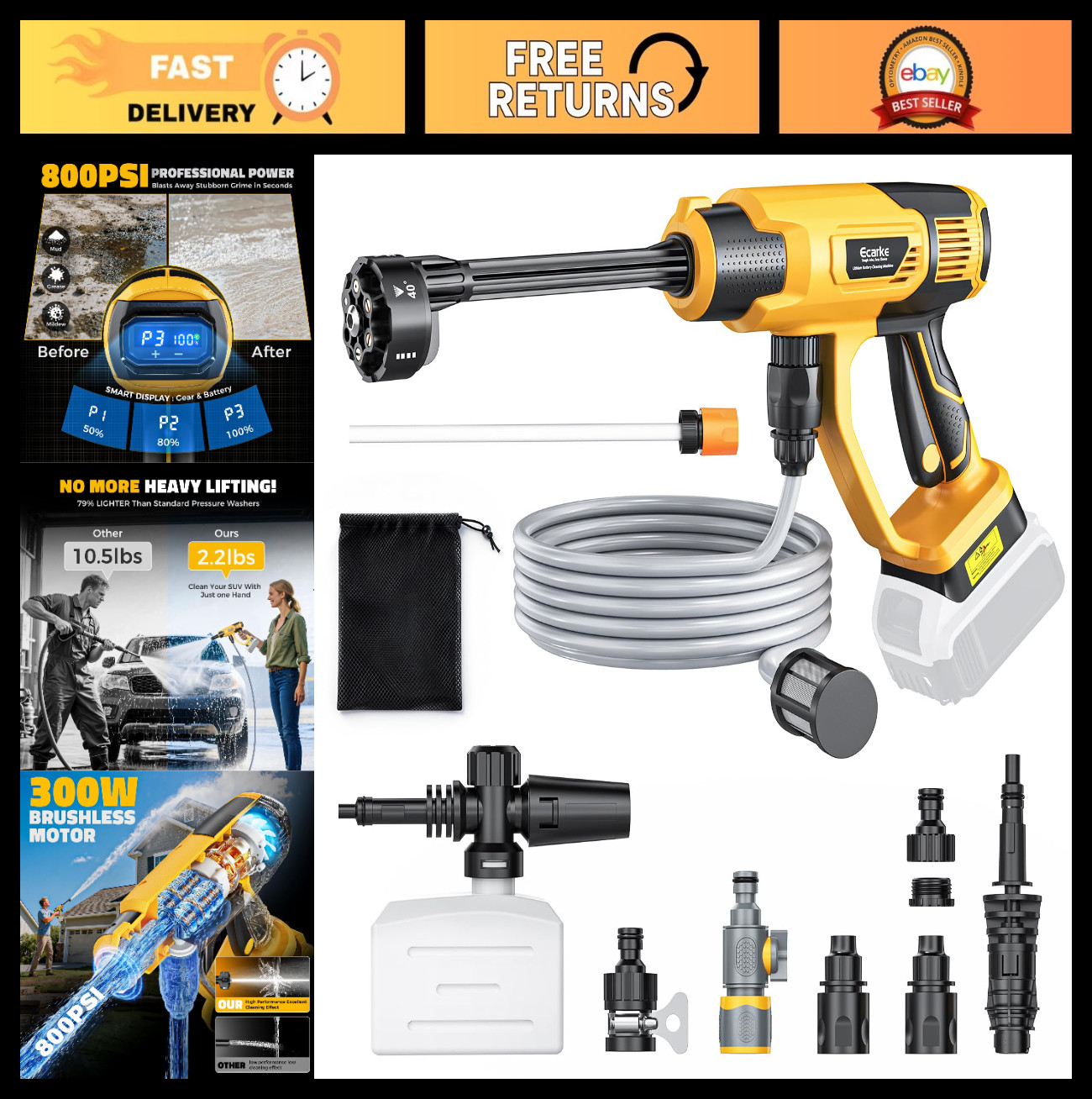 Portable Car Cleaning Tool, 6-in-1 Nozzle & Foam Cannon, 3-Speed, 5m Hose, Brush