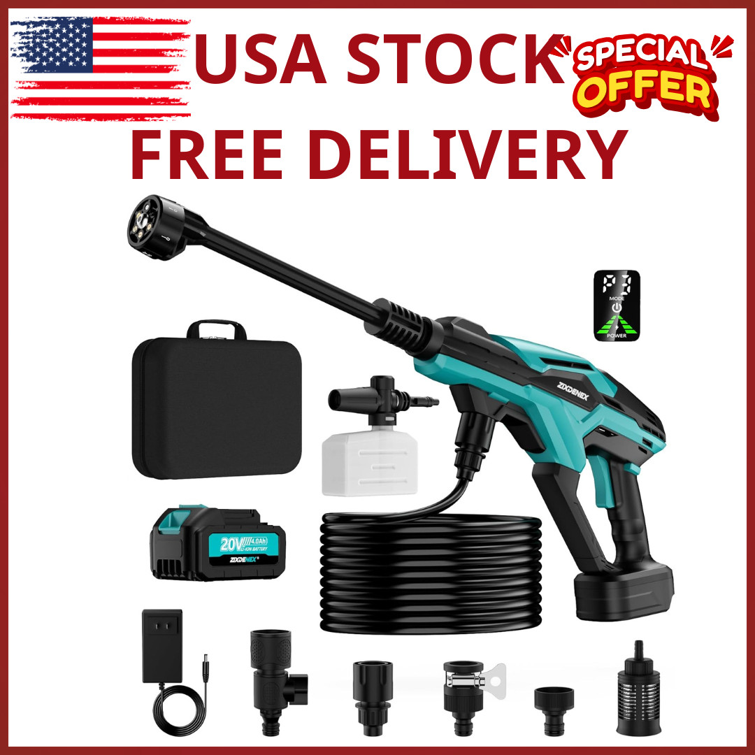 800PSI Cordless Pressure Washer Brushless Motor 18V Battery 6-in-1 Nozzle Kit