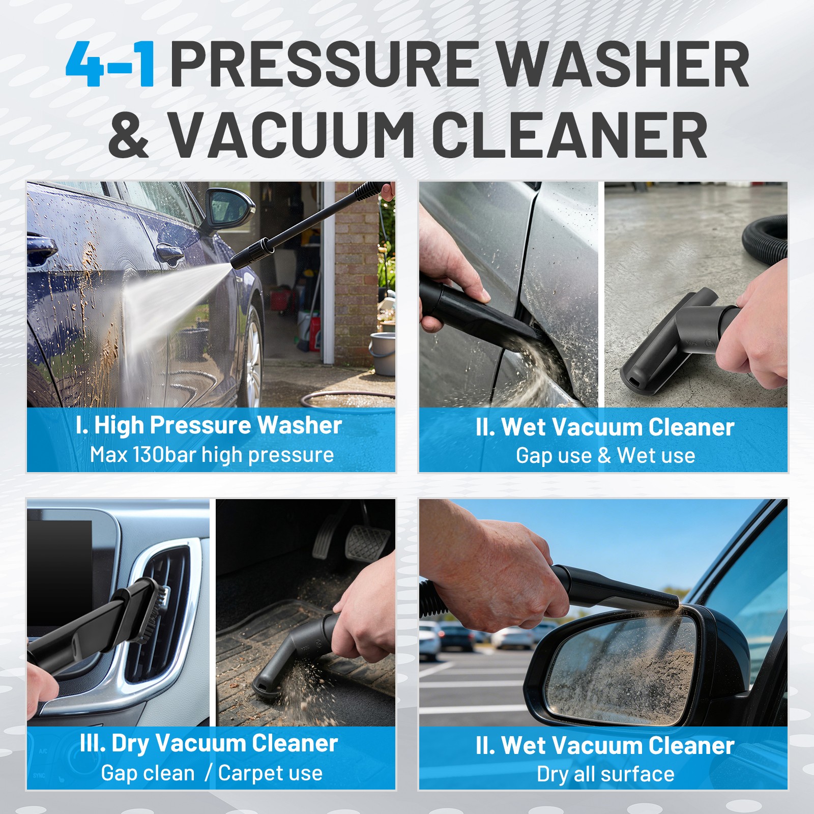 4 in 1 Multi Use Electric Cleaner 2800 PSI 1.7 GPM Washer and 220W Vac