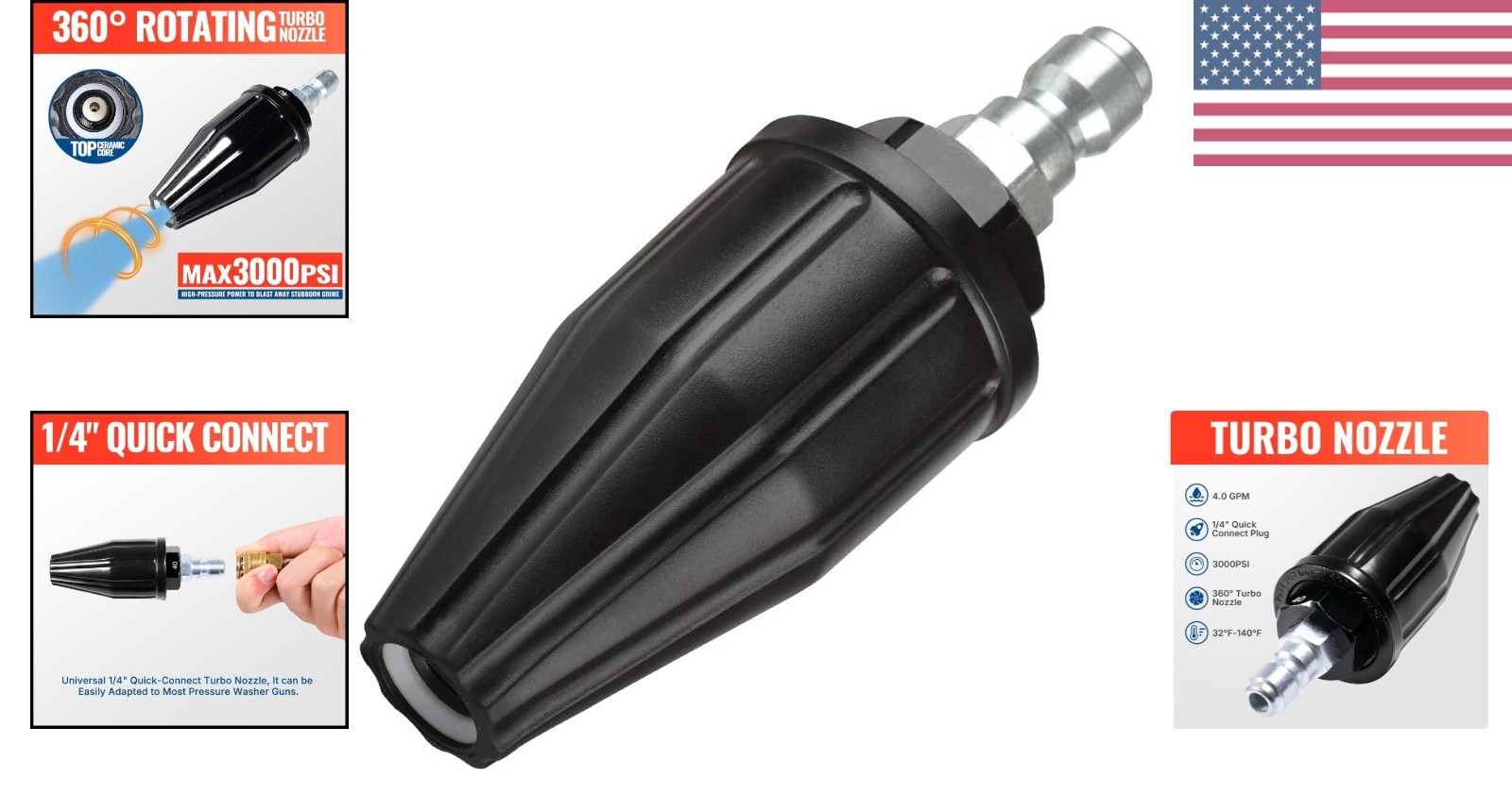 Stainless Steel Turbo Nozzle 4.0 GPM – 360° Rotating for Powerful Dirt Removal