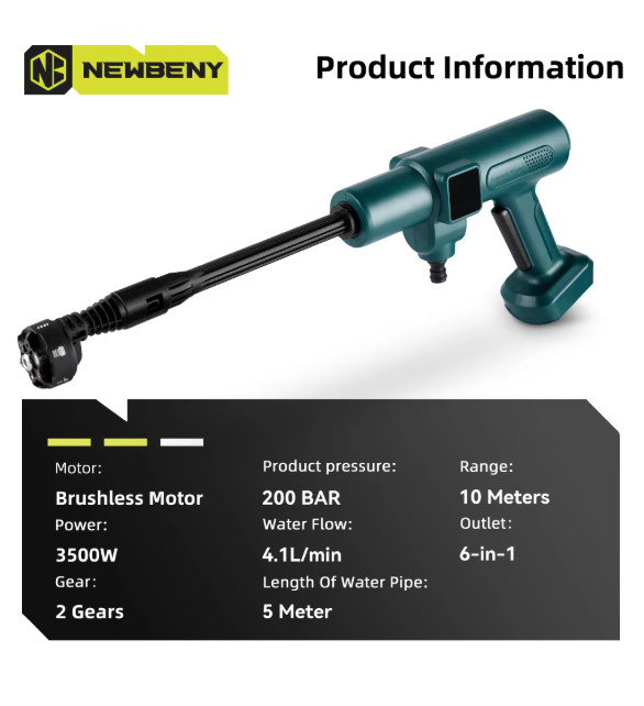 NEWBENY 200Bar Brushless High Pressure Car Washer Gun 6 in 1 Electric Garden