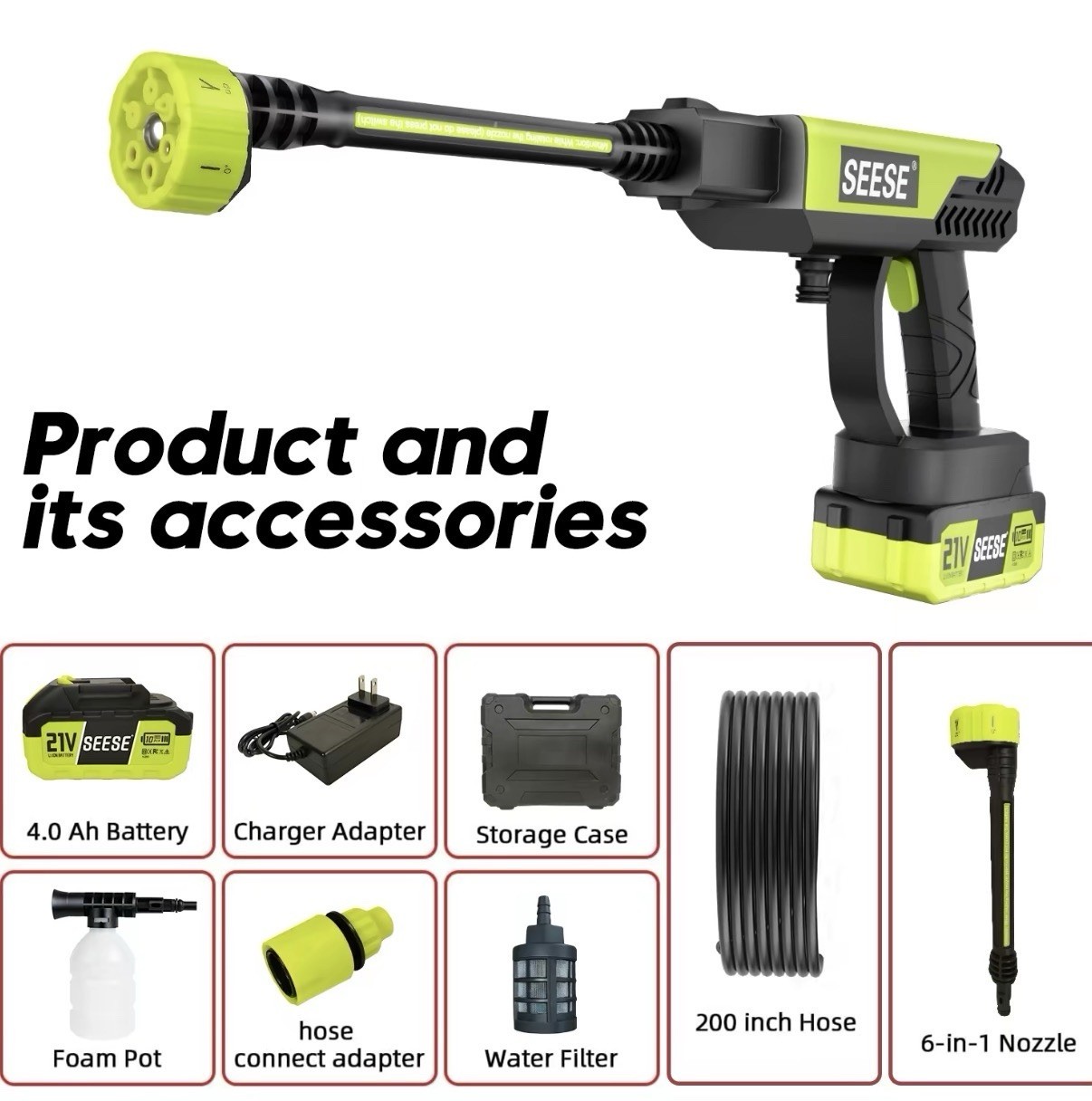SEESE 1000 PSI Cordless Pressure Washer for Car & Garden with Charger Base