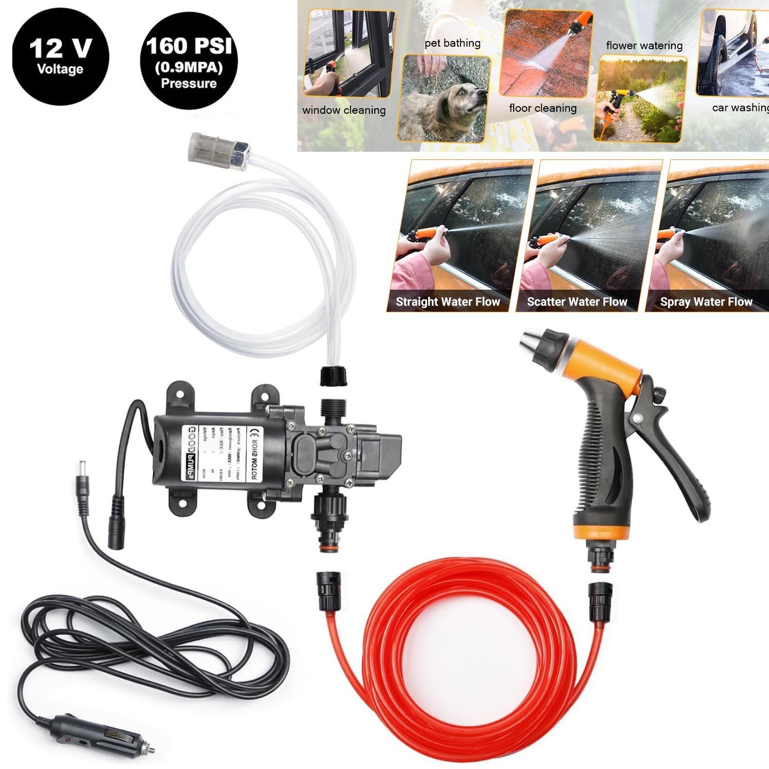 12V 160PSI Washdown Wash Pump Kit Electric DIY Car Washer Cleaner Sprayer Tool#