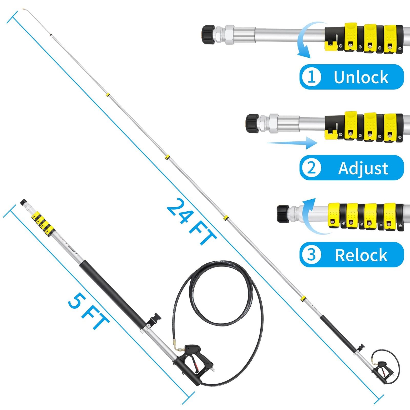 24 FT Telescoping Pressure Washer Wand Extension, Aluminum Power Washer Exten…