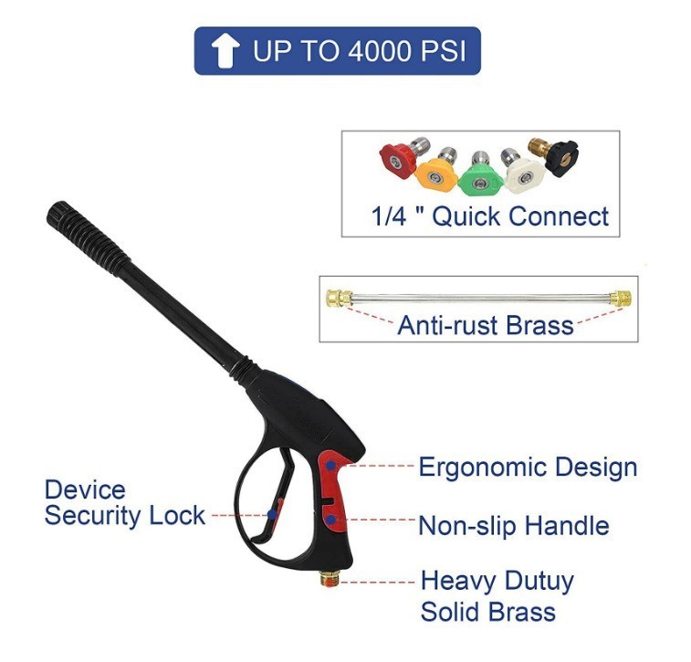 4000PSI High Pressure Power Washer Spray Gun Wand Lance 5 1/4″ Quick Nozzle Kit