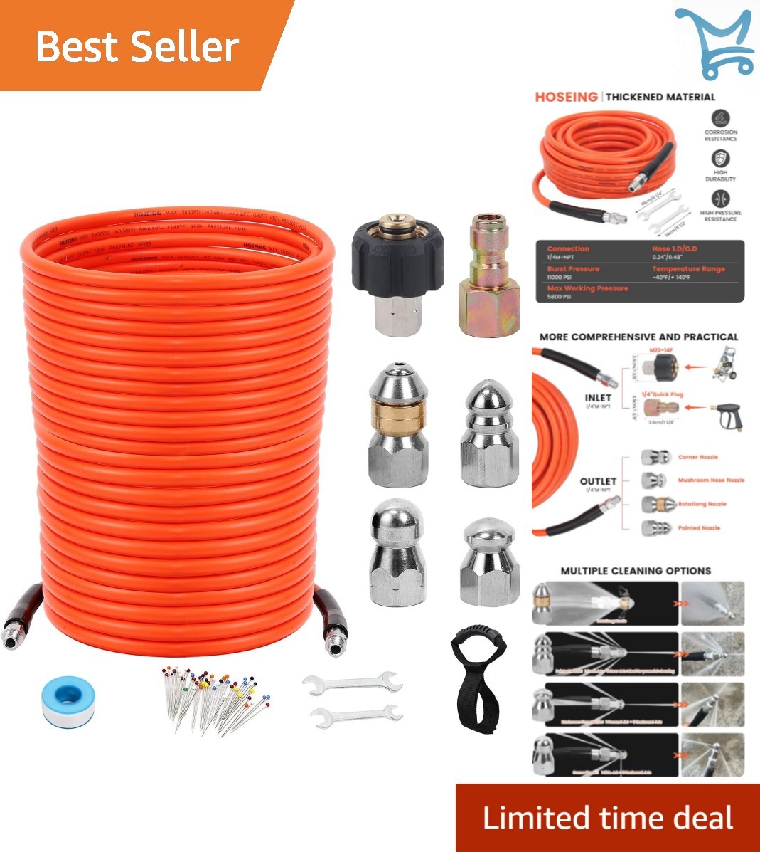 150FT Sewer Jetter Kit Pressure Washer Nozzles Hose Drain Cleaner 5800 PSI