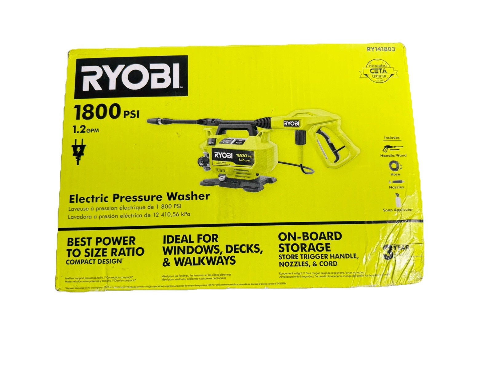 RYOBI 1800 PSI 1.2 GPM Electric Pressure Washer Portable Outdoor Cleaner