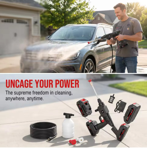 1500W Cordless Pressure Washer 60Bar 870PSI Portable Car Washer 2 Battery Hose