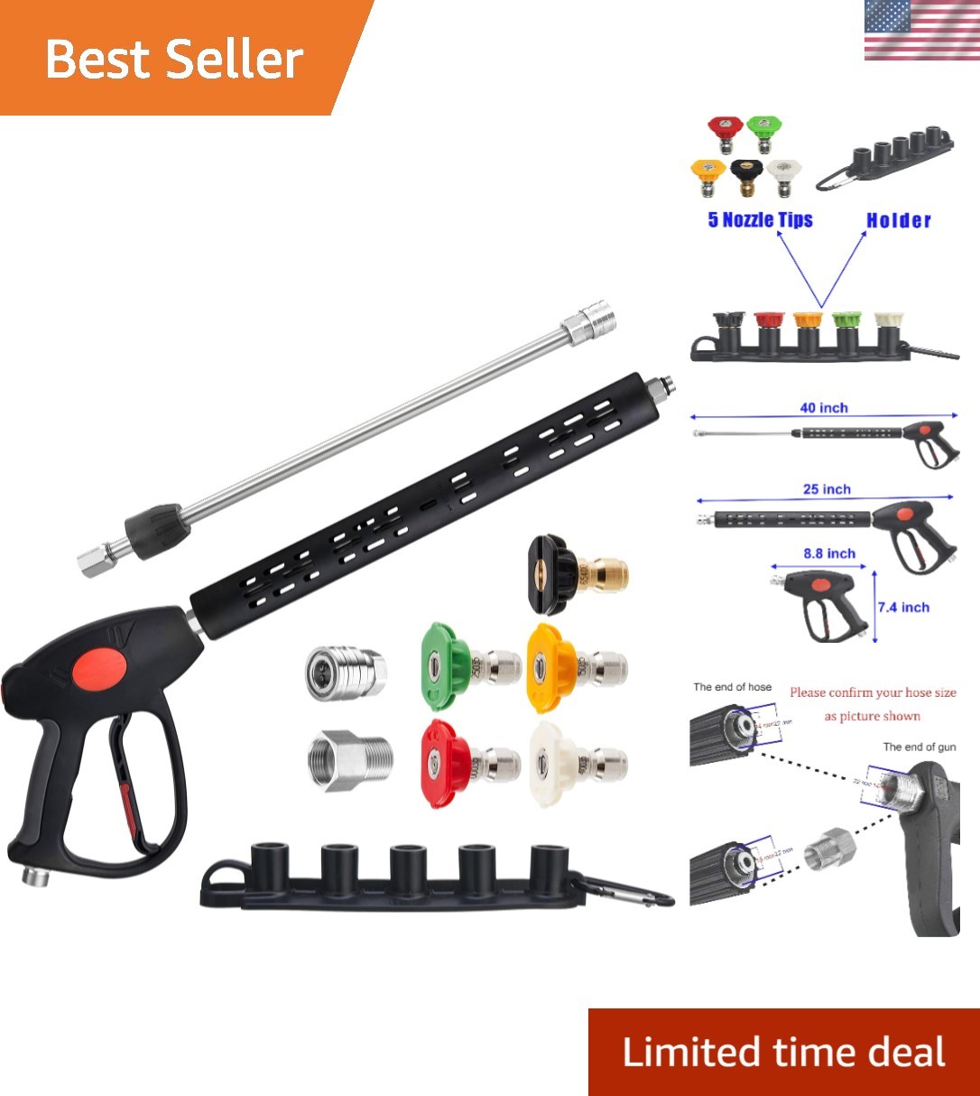 Replacement Pressure Washer Gun with 15mm or 14mm Fitting & 5 Nozzles
