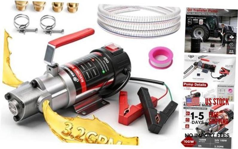 24V Heavy-Duty Gear Pump 3.2 GPM Oil Change Pump with Oil Pump + Hose