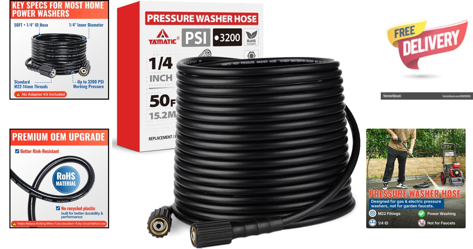 Effortless Cleaning with 50FT Pressure Washer Hose 3200 PSI M22-14mm Compatible