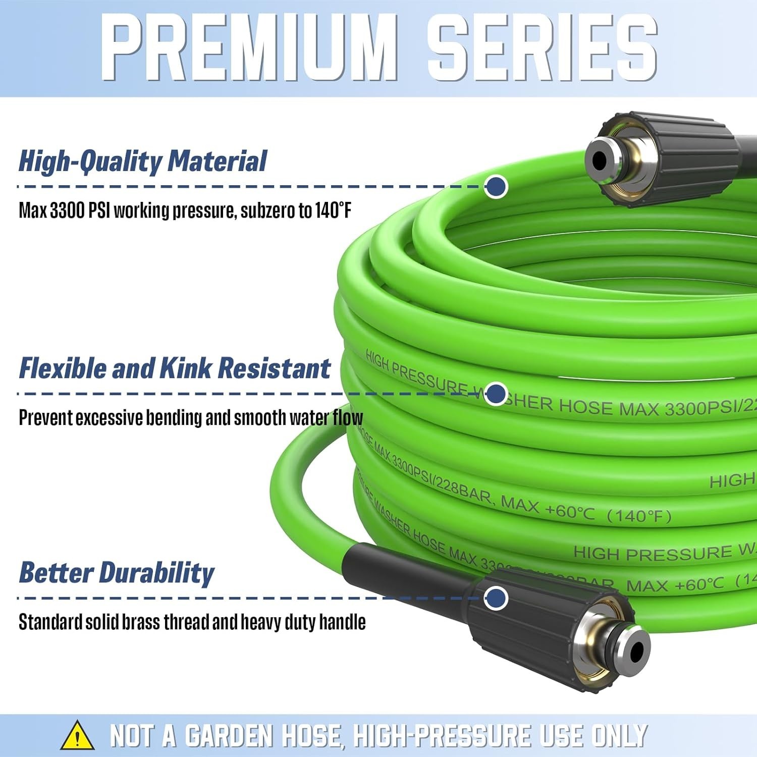 Extended 50FT Kink Resistant Power Washer Hose, 3300 PSI PVC Material
