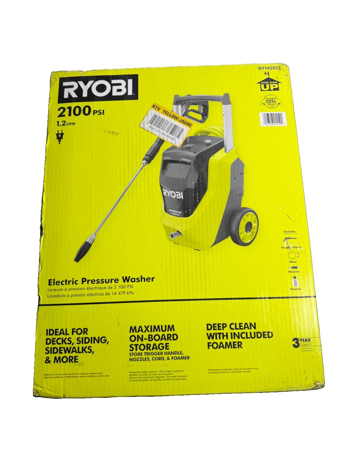 RYOBI RY142012 2100 PSI 1.2 GPM Electric Pressure Washer Open Box New