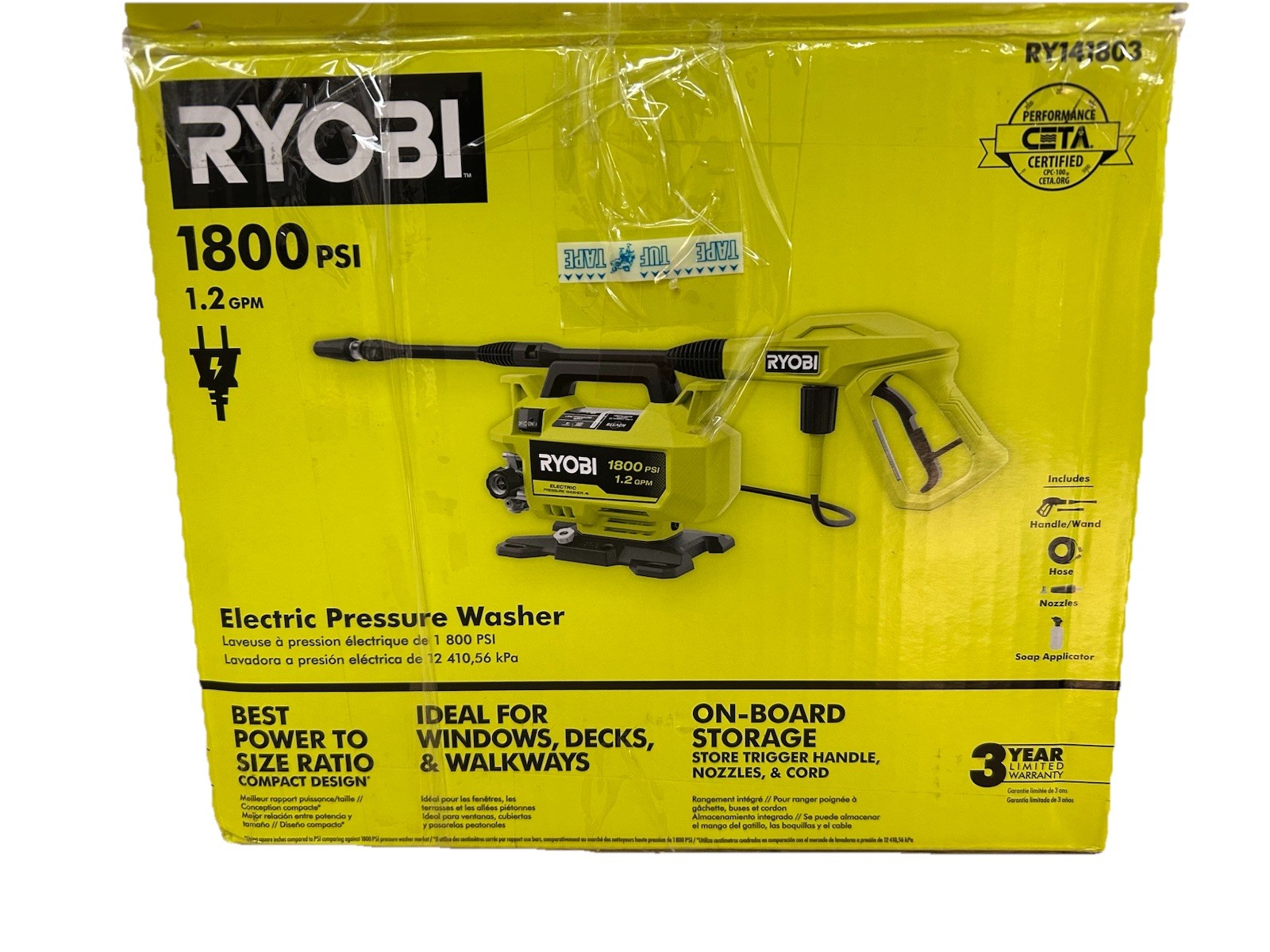 RYOBI 1800 PSI 1.2 GPM Cold Water Pressure Washer NO NOZZLES OR Foam Cannon