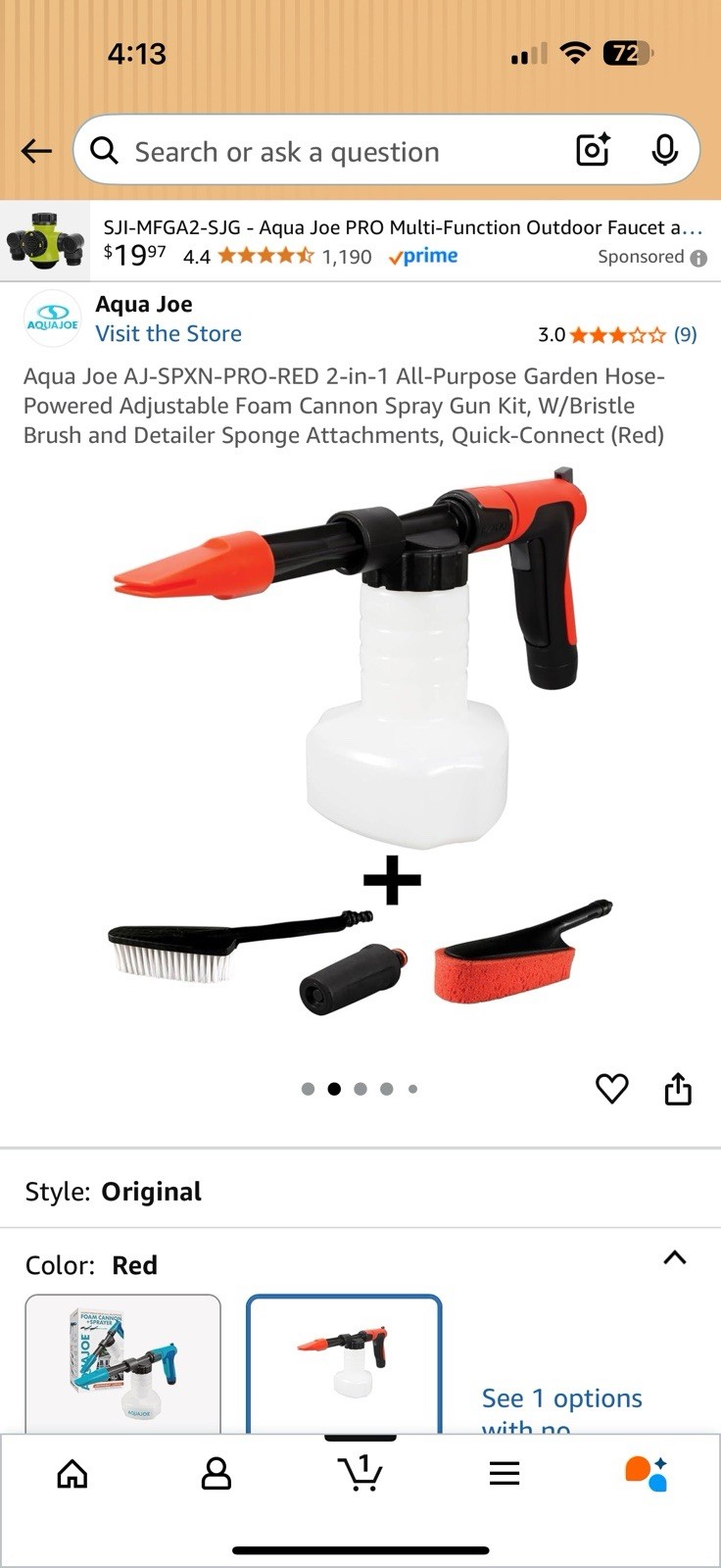 Aqua Joe RED 2-in-1 W/Bristle Brush and Detailer Sponge Attachments, Quick-Conn