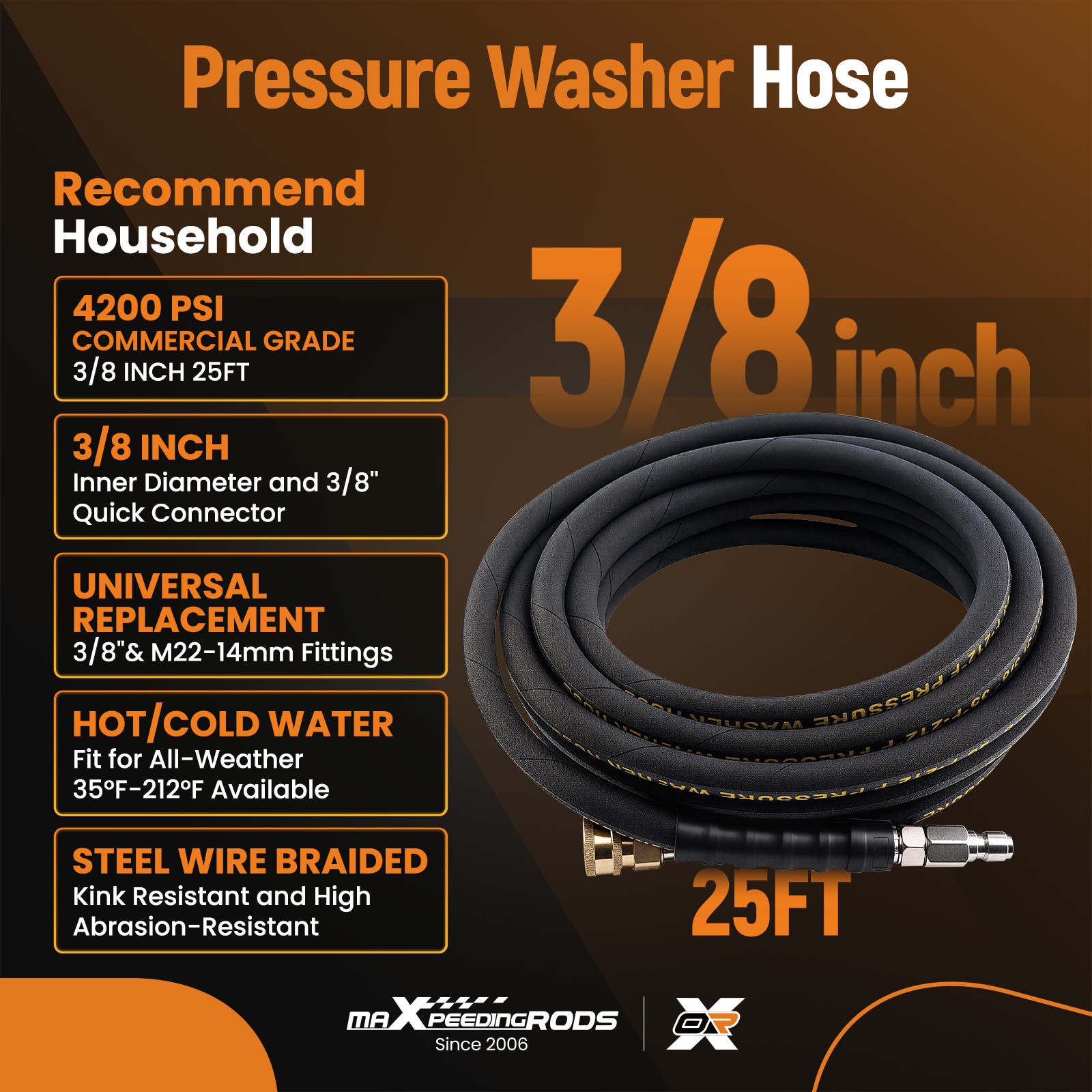 25FT 4200 PSI High Pressure Power Washer Hose 3/8″ Quick Connect with Adapter