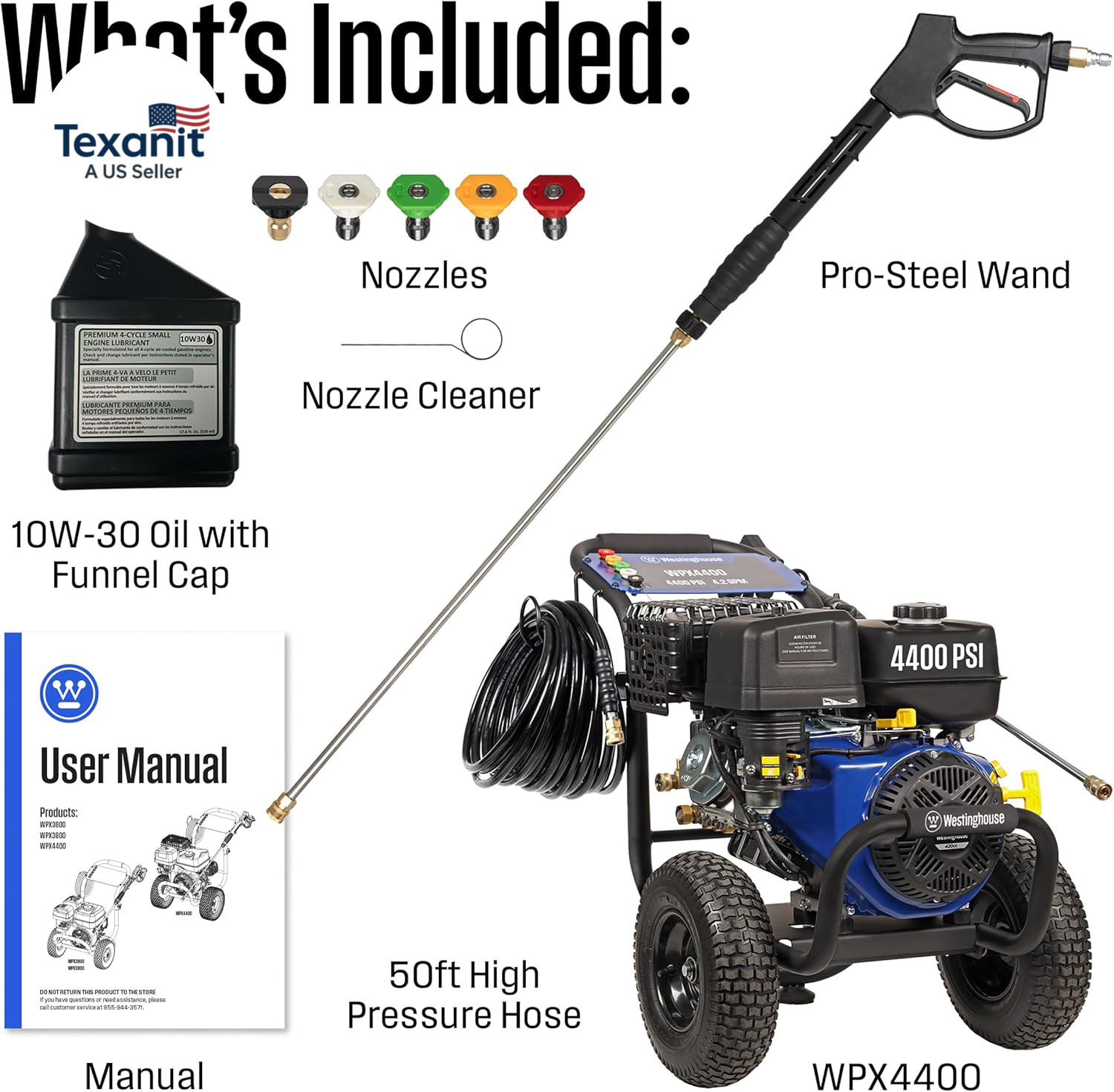 Westinghouse WPX4400 Gas Pressure Washer, 4400 PSI and 4.2 GPM, Spray Gun and Wa