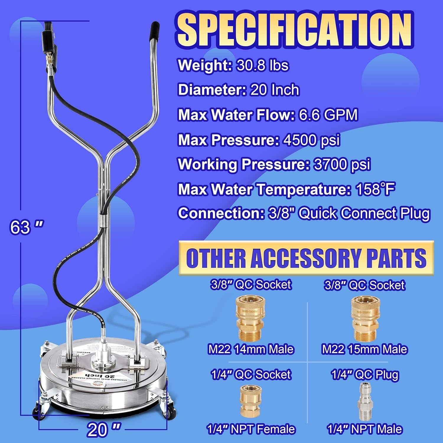 Time-Saving 20″ Pressure Washer Surface Cleaner with Wheels and Features