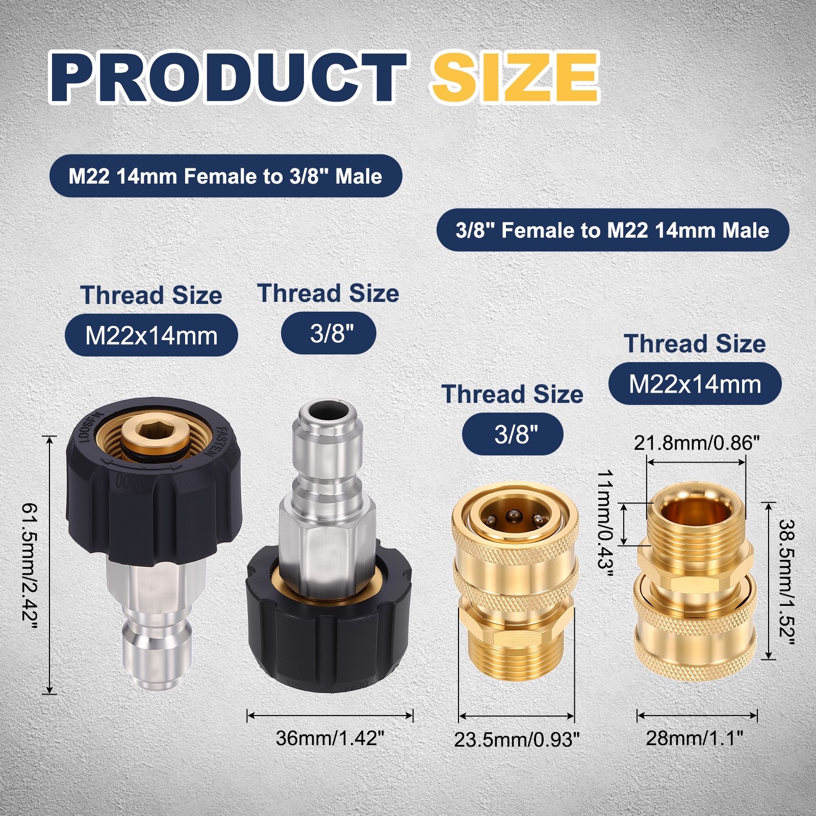 Brass Pressure Washer Adapter, M22 14mm&3/8″ Female to 3/8″&M22 14mm Male