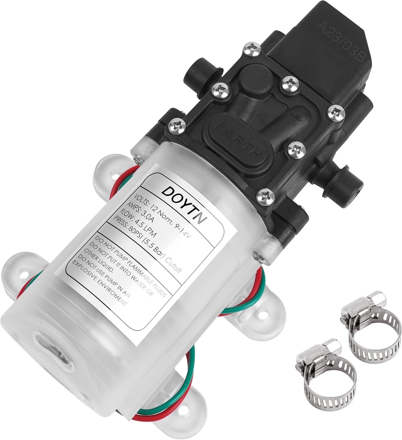 12V Diaphragm Water Pump with Pressure Switch – 1.2 GPM 80 PSI Self-Priming S