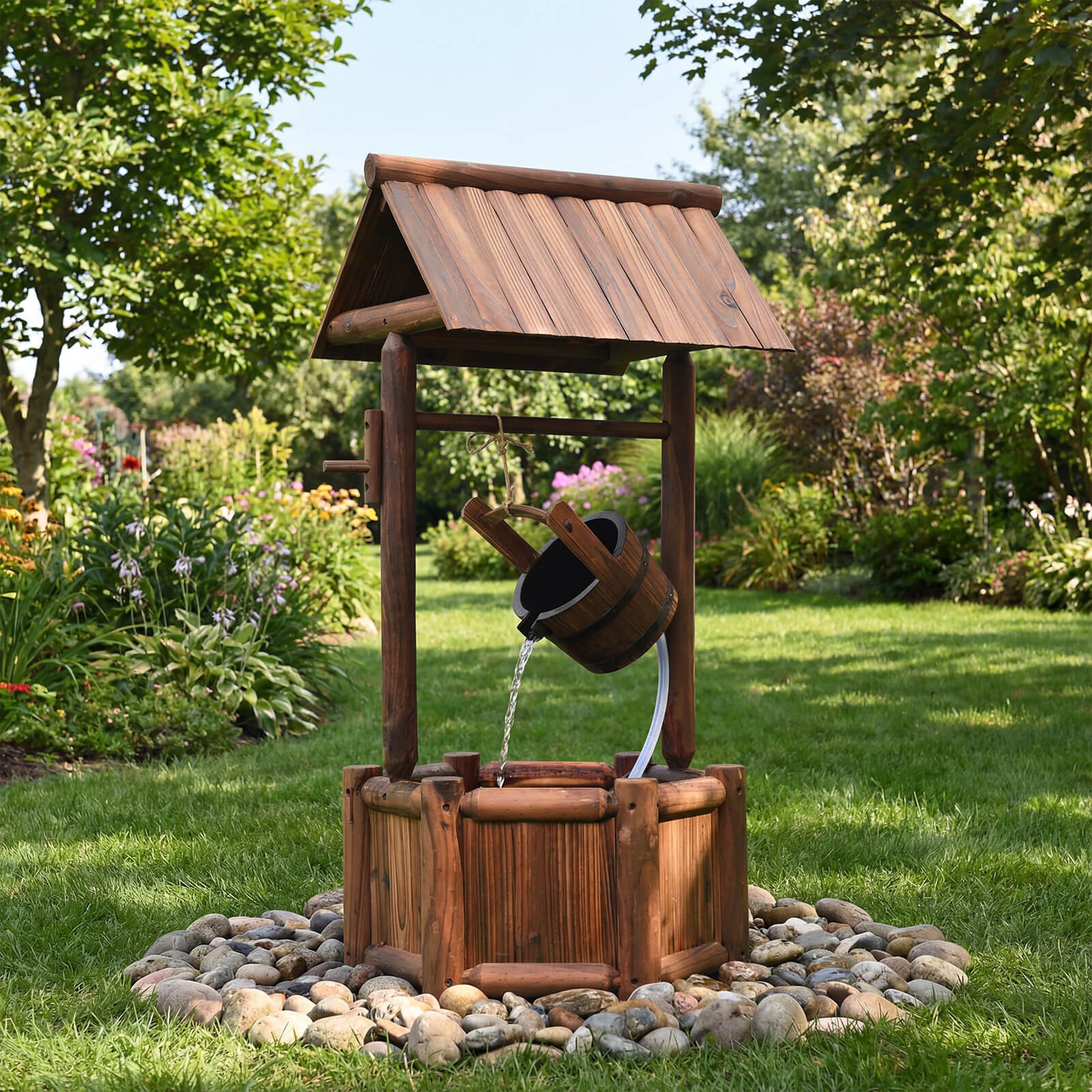 Garden Rustic Wishing Well Water Fountain Wooden Electric Backyard Pump Outdoor