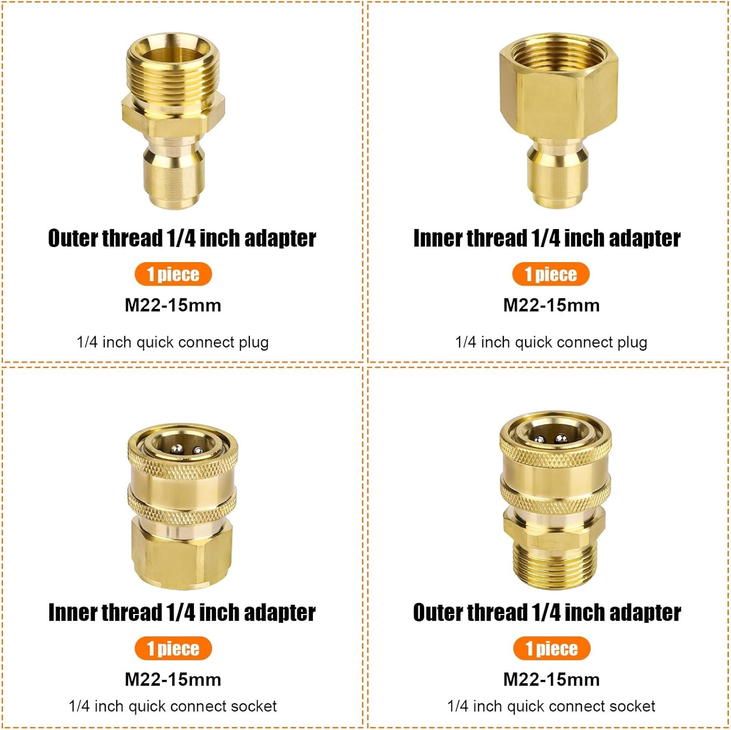 4PCS M22-15mm to 1/4″ Pressure Washer Adapter Quick Connect Kit 5000 PSI