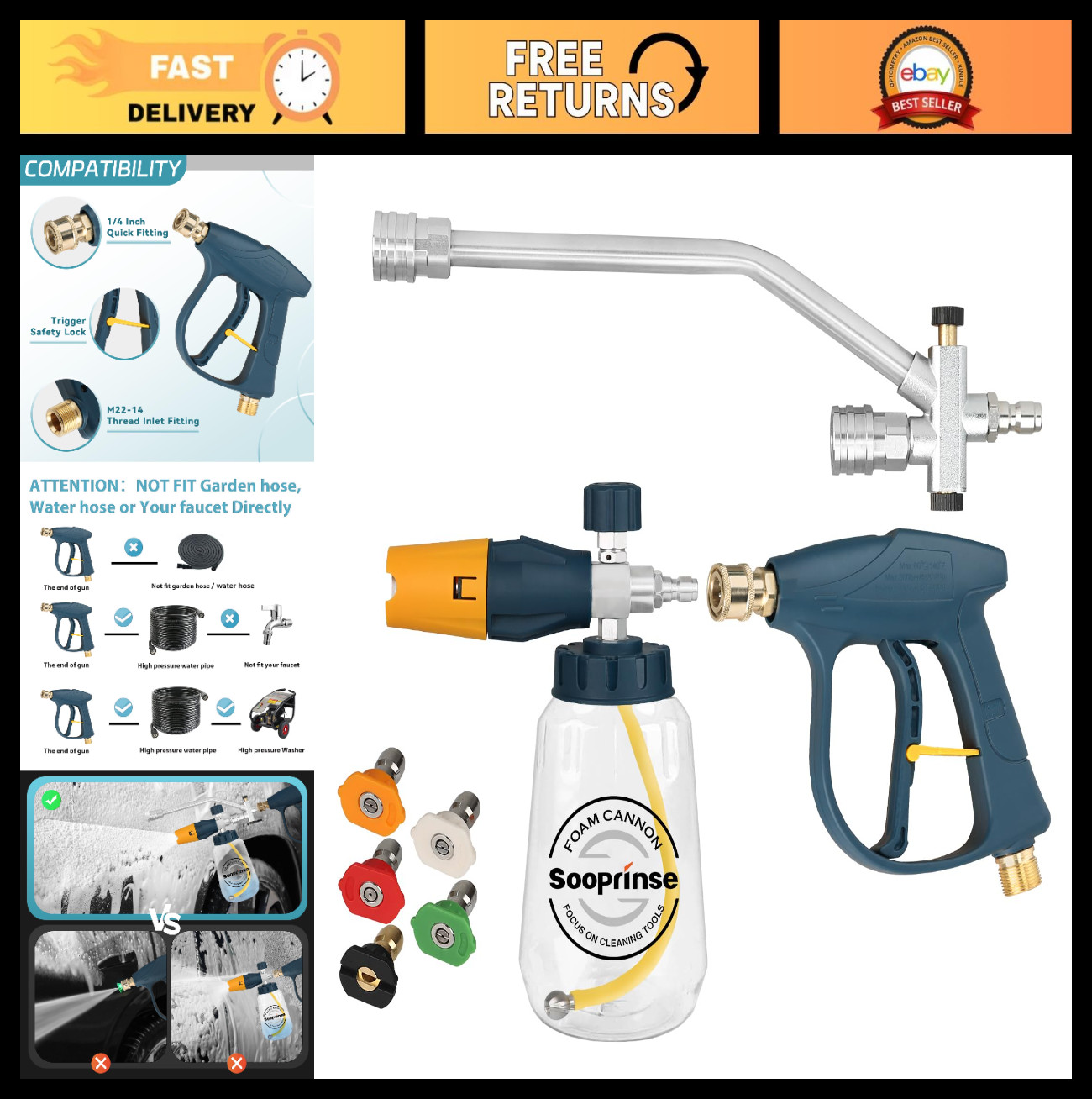 Pressure Washer Foam Cannon & Short Gun, Dual Connector, Snow Soap, 5 Nozzles, 4