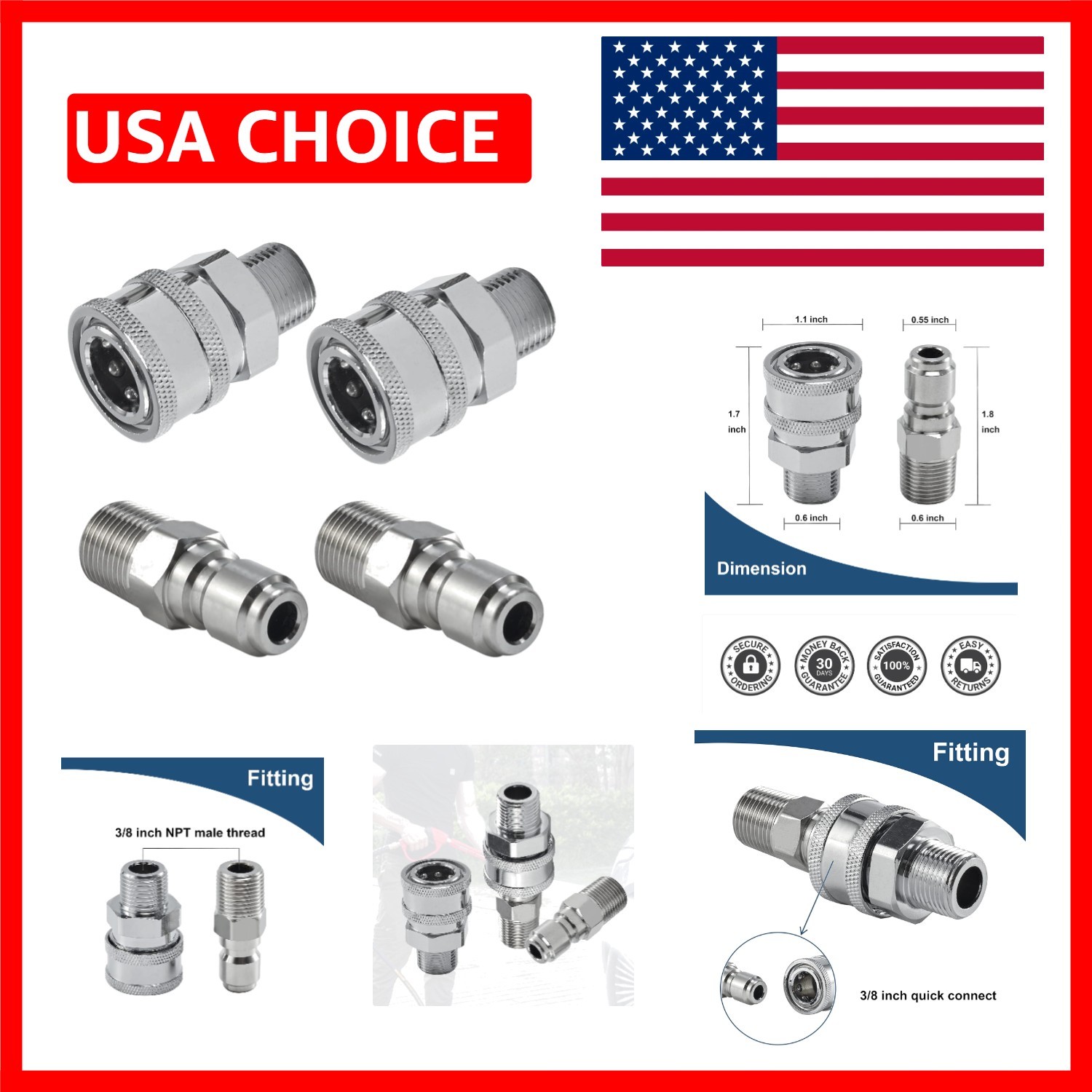 3/8 Inch Stainless Steel Quick Connect Pressure Washer Adapter Set – 4 Pieces