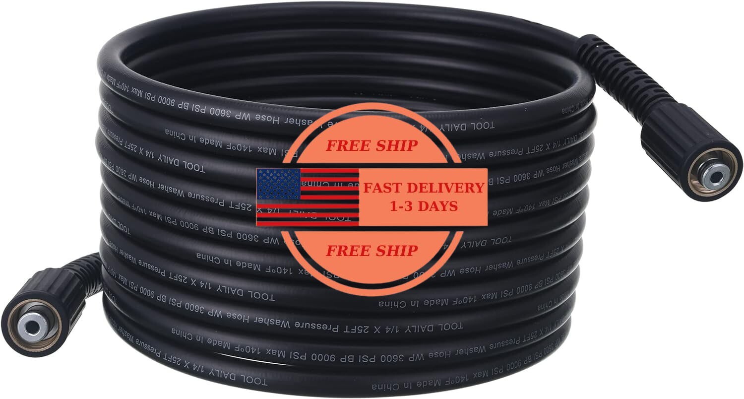 Manguera para lavadora a presión, 25 pies x 1/4 de pulgada, 3600 PSI, M22 14 mm,