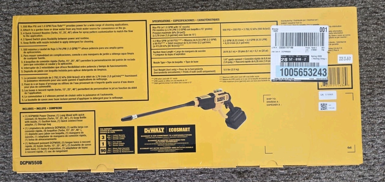 Dewalt 20V DCPW550B 550PSI Power Cleaner TOOL ONLY